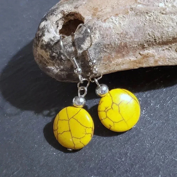 Handcrafted Silver and Yellow Magnesite Gemstone Puffed Coin Dangle Earrings - Picture 1 of 7